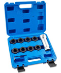 Marvelity 10-piece axle spindle thread chaser set in blue case with eight black dies and a silver extension bar