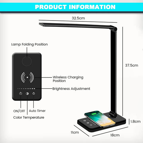 Boss Desk Lamp With Wireless Charging 10W And USB Port Dimmable Eye Caring Light diagram showing dimensions and control features.