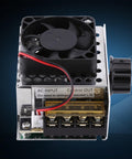 Beefy 4000W SCR Voltage Regulator and Electric Motor Speed Controller with fan and control knobs on blue background
