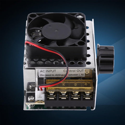 Beefy 4000W SCR Voltage Regulator and Electric Motor Speed Controller with fan and control knobs on blue background