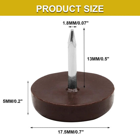60 Pcs Nylon Furniture Sliders Set For Table And Chair Legs Nail On Round Floor Protectors 17.5mm Base Diameter 5mm Thick 13mm Nail Length Brown Finish Great For Floor Protection And Smooth Gliding, close-up view of a single slider showing dimensions.