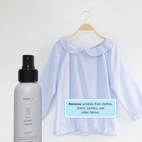 The Ultimate 3 In 1 Wrinkle Release Spray That Kicks Static Cling And Cuts Odor For Crisp Clothes Without Ironing In A Legit Plant Derived Quick Fix 3 Oz Travel Bottle With No Sweat Fabric Refresher Power next to a light blue blouse.