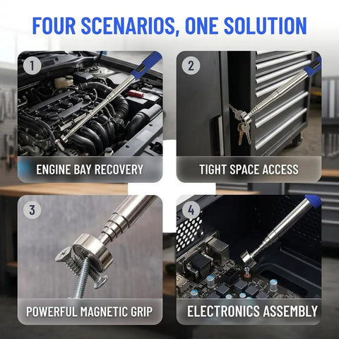 Multiple uses of Telescoping Magnetic Pickup Tool With 8lb Pull And 29 Inch Extendable Reach Non Slip Grip in garage scenarios.