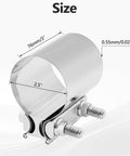 2.5 Inch Exhaust Clamp Set, Polished T304 Stainless Steel Butt Joint Seal Band Sleeve Coupler showing dimensions