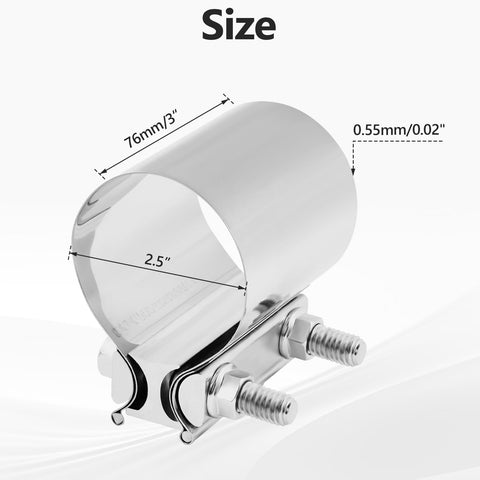 2.5 Inch Exhaust Clamp Set, Polished T304 Stainless Steel Butt Joint Seal Band Sleeve Coupler showing dimensions
