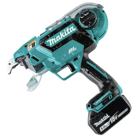 Makita 18 Volt LXT Brushless Cordless Deep Capacity Rebar Tying Tool Kit with 5 Amp Hour Battery and Charger side view.