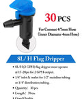 Front view of 90 Piece Flag Dripper Kit for Garden Irrigation in three colors and sizes; includes 2 GPH in 30 pcs, blue dripper.