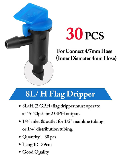 Front view of 90 Piece Flag Dripper Kit for Garden Irrigation in three colors and sizes; includes 2 GPH in 30 pcs, blue dripper.