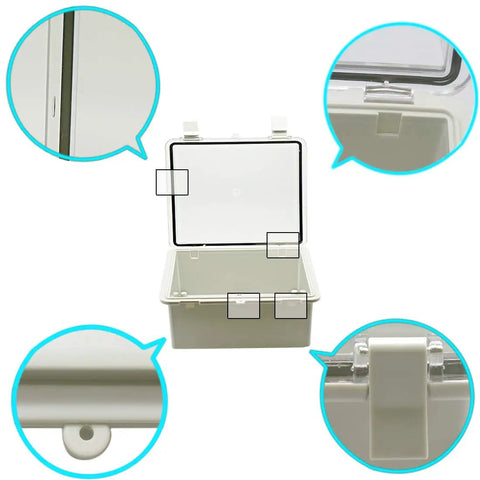 Beefy ABS Junction Box IP65 Waterproof Outdoor Electrical Enclosure with hinged shell, details of closure and brackets