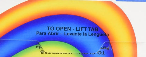 Close-up of Shout Instant Stain Remover Wipes 12 Count pack tab with rainbow design and instructions to open.