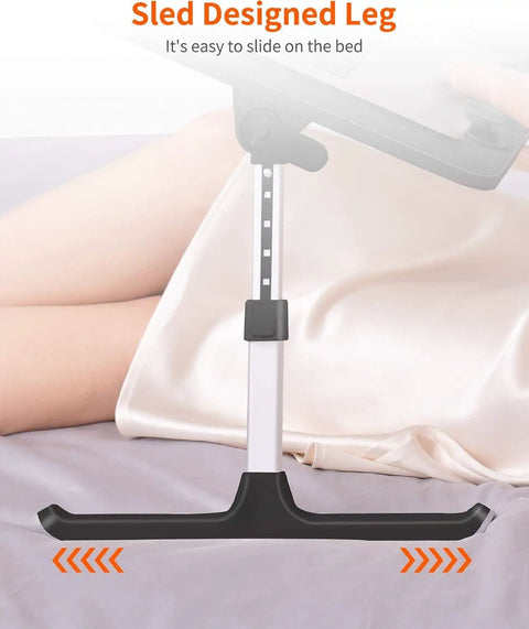 Adjustable Laptop Desk Tray For Bed And Couch Portable Folding Table With sled designed leg resting on bed