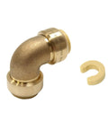 Six Pack Push Fit One Half Inch Elbow Fittings For Pex Copper CPVC With Disconnect Clip shown with brass fitting.