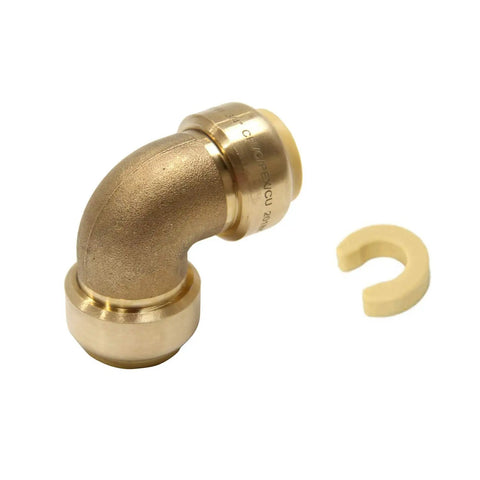 Six Pack Push Fit One Half Inch Elbow Fittings For Pex Copper CPVC With Disconnect Clip shown with brass fitting.