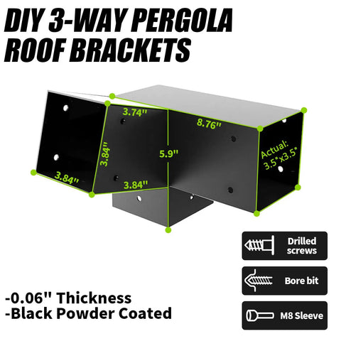 Three Way 15 Degree Pergola Bracket Kit For 3.5 By 3.5 Inch Wood Posts To Beams Slant Roof Support For Pavilions And Log Cabins Built Tough With Welded Steel And Galvanized Finish Two Pack