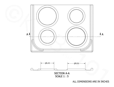 Technical drawing of Chrome Style B 4 Pack Drip Bowls For GE Plug-In Electric Ranges No-Brainer Replacement with dimensions.