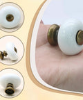 Six Pack White Ceramic Drawer Knobs With Antique Bronze Point And Base Vintage Dresser Knobs Decorative Pull Handles For Closet And Cupboard Small Size shown in hand and side views