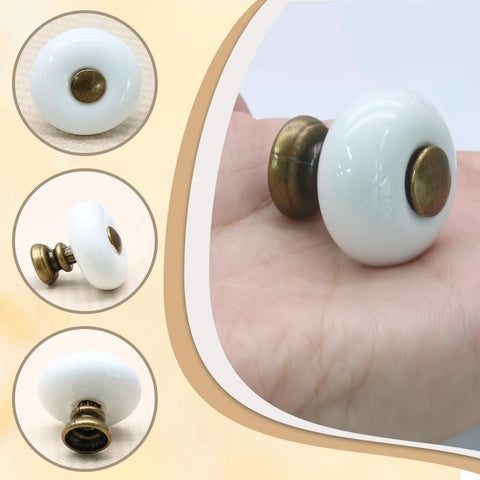 Six Pack White Ceramic Drawer Knobs With Antique Bronze Point And Base Vintage Dresser Knobs Decorative Pull Handles For Closet And Cupboard Small Size shown in hand and side views
