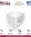 NIOSH Certified N95 Mask 95 Filtration Made in USA White Overhead Headband Respirator front view with certification icons