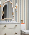 Fresh Printed Modern Striped Vinyl Wallcovering Featuring Subtle Leather Texture Ultra Durable Pastable Wallcover in a bathroom.