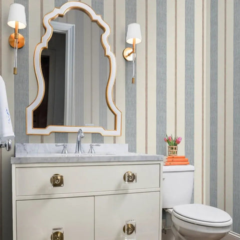 Fresh Printed Modern Striped Vinyl Wallcovering Featuring Subtle Leather Texture Ultra Durable Pastable Wallcover in a bathroom.