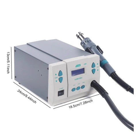 Powerful 1000W Soldering Hot Air Rework Station with Digital Display and Adjustable Airflow, measuring 13x24x18.5cm