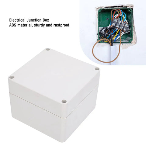 Rugged IP65 Waterproof ABS Plastic Enclosure For Electronics 120x120x90mm with closed box and wiring setup in the background.