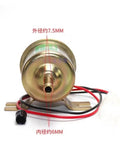 12 Volt Universal Electric Fuel Pump HEP02A Low Pressure Inline Assembly showing connectors and dimensions for direct swap.