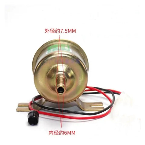 12 Volt Universal Electric Fuel Pump HEP02A Low Pressure Inline Assembly showing connectors and dimensions for direct swap.