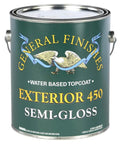 Outdoor Ready Water Based Topcoat 450 For Exterior Wood Semi Gloss UV Protected Finish 1 Gallon shown in a green can.