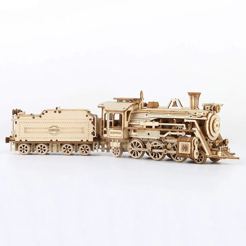 1:18 Scale Steam Train Model With Carriage 3D Wooden Puzzle For Adults DIY Mechanical Vehicle Kit shown side view