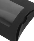 Close-up of 50 Pack Black Kraft Paper Pillow Gift Boxes With Window for Birthday Parties and Events, sleek corner detail.