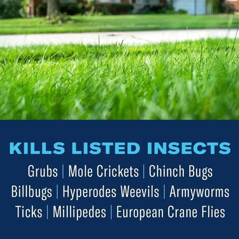 Close-up of lawn with text listing insects killed by Season Long Grub Control Granules That Kill Grubs Mole Crickets Cinch Bugs and More.