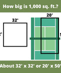 Diagram showing 1000 sq ft area as 32x32 ft square or 20x50 ft rectangle for Micro Clover Seed Kit For Lawn Transformation Organic Coated Eco Friendly