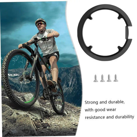 Cyclist on mountain with Sprocket Guard Chain Cover for Bicycle Lightweight Crank Ring With Four Screws on right, screws shown
