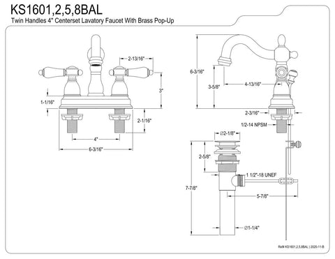 Technical drawing of 4 In Centerset Bathroom Faucet In Oil Rubbed Bronze, Solid Brass Construction, Drip-Free Ceramic Disc, deck mount 4-hole installation.