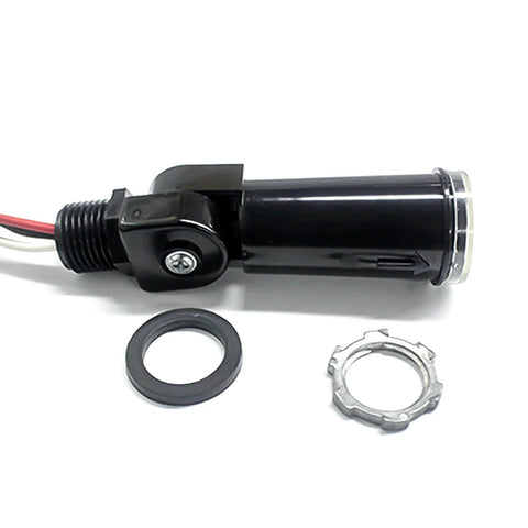 Two Pack Automatic Outdoor Light Sensor Switch with Photoelectric Control, components shown, black barrel with metal and rubber fittings