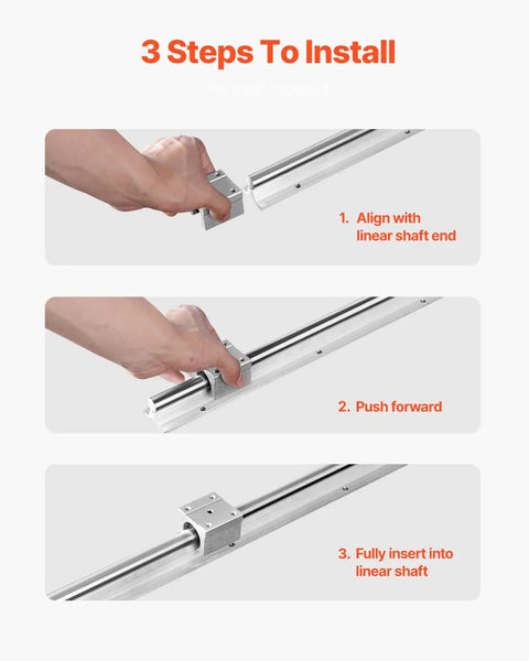 3-step installation guide for SBR20 1500mm Linear Guide Rail Kit with 4 SBR20UU Bearing Blocks, highlighting alignment and insertion.