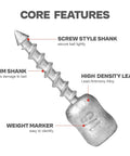 Diagram of Hard Alloy Screw Nail Weights Set for Bass Fishing, highlighting screw style shank, high density lead, and weight marker.