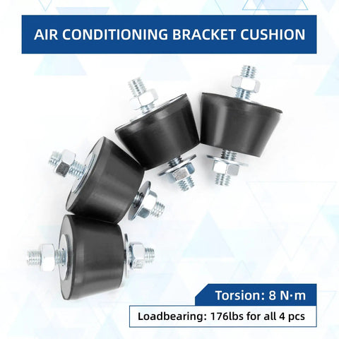 4 Pack M8 Rubber Vibration Isolator Mounts 40x26mm shown on air conditioning bracket cushion with bolts