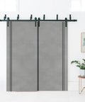Interior Barn Bypass Sliding Doors Kit With Solid Wood Slabs No Glass Black 84 By 84 Modern Style Hardware Installed on Wall
