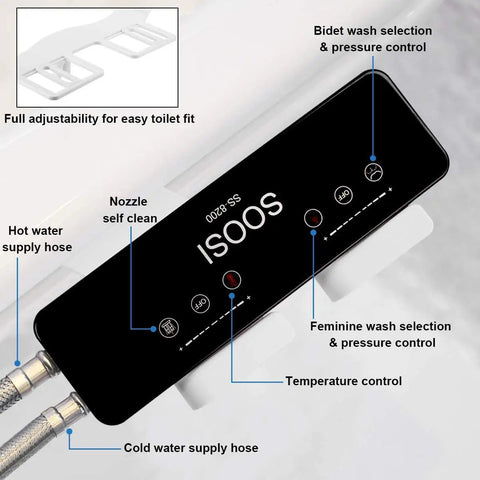 Control panel of Ultra Slim Self Cleaning Dual Nozzle Bidet Attachment For Toilet with adjustable settings and clear labels.