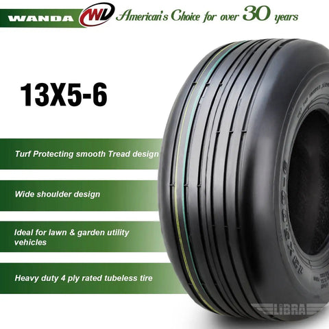 Set Of 2 13x5.00-6 Rib Turf Tires For Lawn Mowers And Utility Carts, 4 Ply Tubeless, 440 Lb Load, 3 mm Tread Depth, Smooth Rib Design