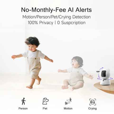 Child in a living room with 2.5K Indoor Security Camera 4 Pack With Free AI Person Pet Cry Detection No Subscriptions