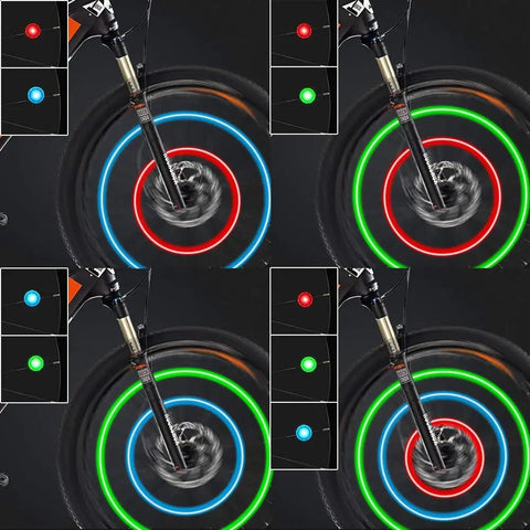 Bike Wheel Lights With Batteries Included For Safer Night Riding Waterproof And Easy To Install With Three Color Modes To Mix And Match Make Your Ride Look Cool And Be Seen On The Streets displayed with red, green, and blue lights on spinning wheels.