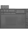 Top view of grey Magnetic Repair Work Mat for Soldering and Electronics, premium silicone design, 17.72x11.81 inches workbench mat.