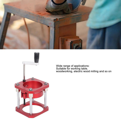 Rock Solid Router Lift Base Built With Premium Aluminum Alloy And Stainless Steel Table Raising Rig for 64 to 65mm tools at a working table.