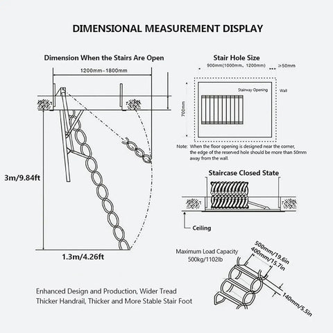 Dimensional measurement display for Hella Sturdy Fully Automatic Electric Attic Ladder With Smooth Retractable Ceiling Access. 