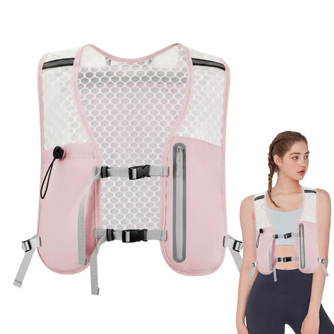 Ultra Lightweight Running Hydration Vest With Adjustable Straps Bladder Compatible shown on woman in pink color