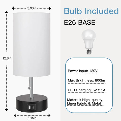 Three Color Temperature Bedside Lamp With USB A Port And USB C Port, cozy light with LED bulb, dimensions and features shown