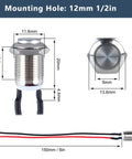 Dimensions diagram of Two Pack 12mm Momentary Metal Waterproof Push Button Switch With Raised Head Half Inch Mounting Hole Pre Soldered Cable 250V 2A 1NO Built For Rugged Use For DIYers Outdoor Installations.